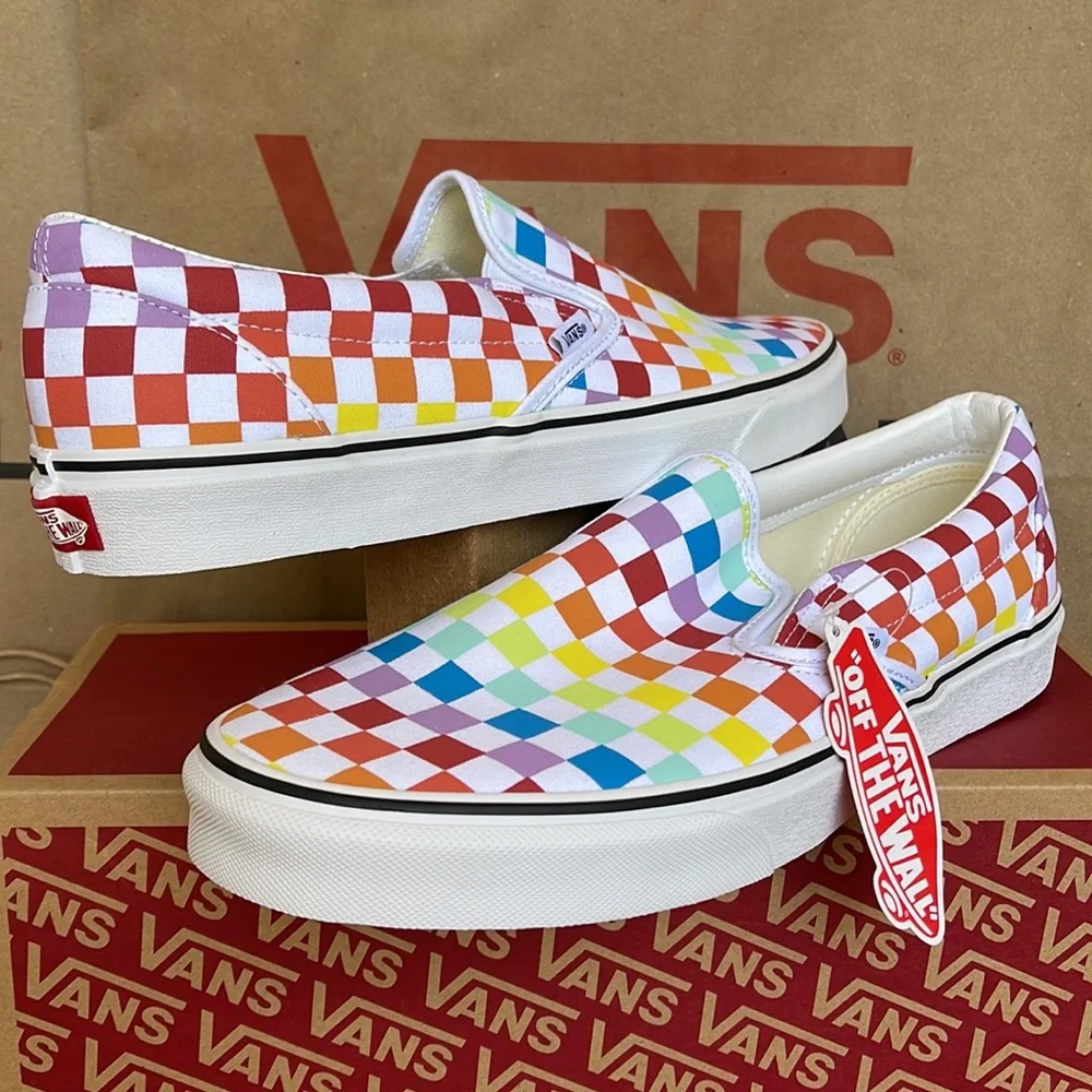 Vans Classic Slip On Checkerboard Rainbow/True White sneakers WMNS - Picture 9 of 16
